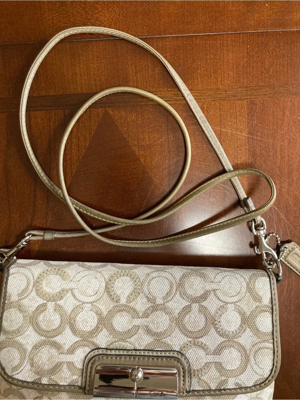 Coach Kristin Op Art Sequin Sling Pack Crossbody Bag #45088 Taupe Monogram EUC
